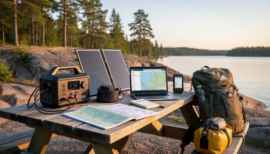 Phone charging with power bank at campsite with tent and lake in background
