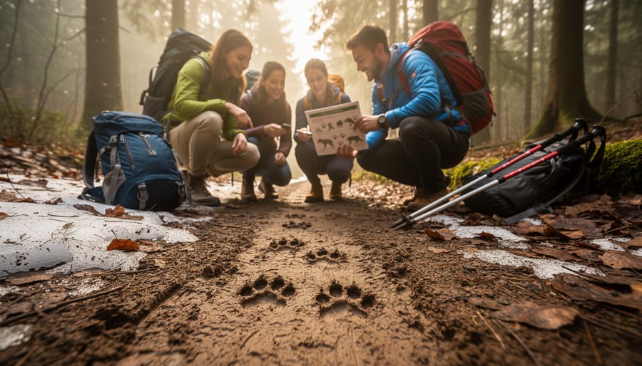 Fresh bear paw prints and claw marks in muddy trail showing tracking details