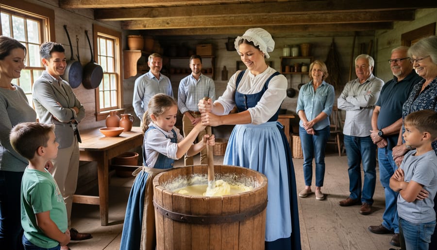 Family watching historical demonstration of butter churning at heritage farm village