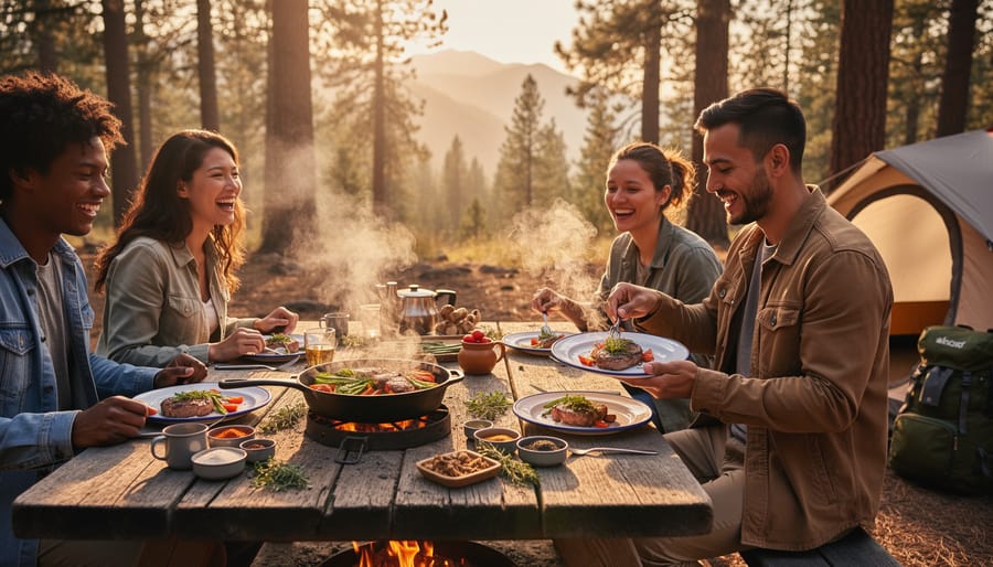 Group of friends enjoying gourmet camping meal together around campfire at dusk