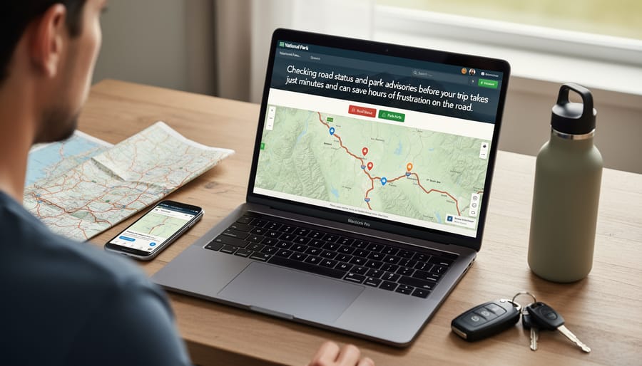 Person checking park road status on smartphone before driving to Ontario provincial park