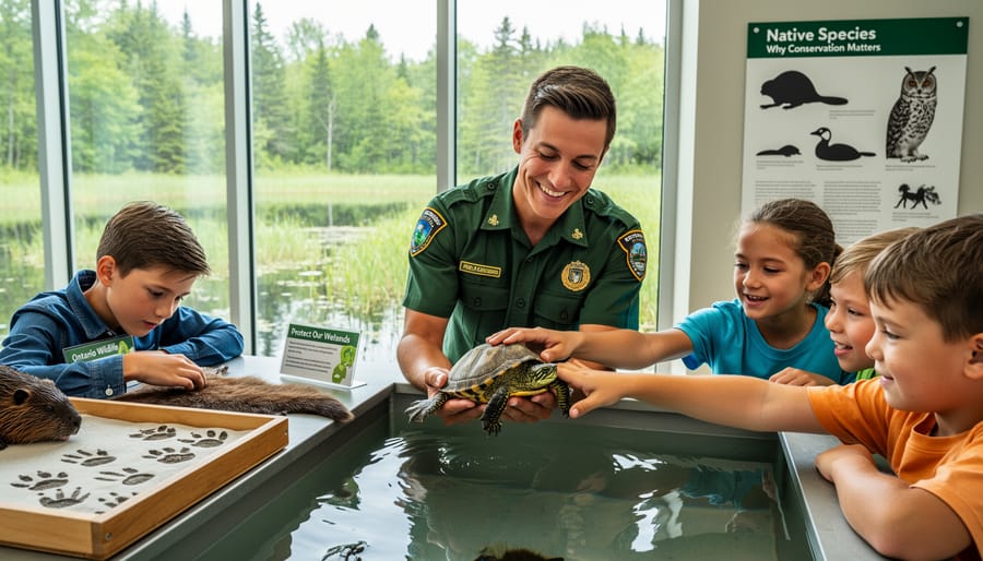 Child observing a leopard frog in natural wetland habitat at Ontario park