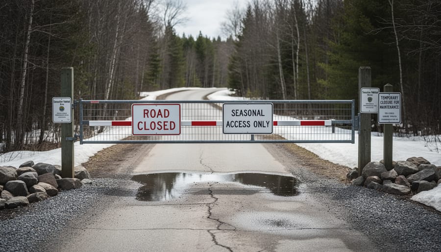 Closed wooden gate barrier blocking access to forest road in Ontario provincial park
