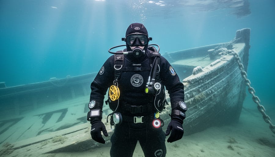 Scuba diver in cold water gear preparing equipment for Great Lakes shipwreck dive