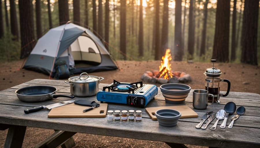 Organized camping cooking equipment and fresh ingredients arranged on picnic table from above