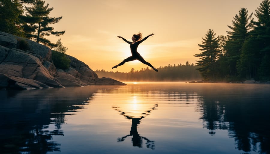 Silhouetted contemporary dancer mid-leap above a still lakeshore at golden hour in an Ontario provincial park, reflected in the water, with granite rock formations and tall pine trees under a warm amber sky.