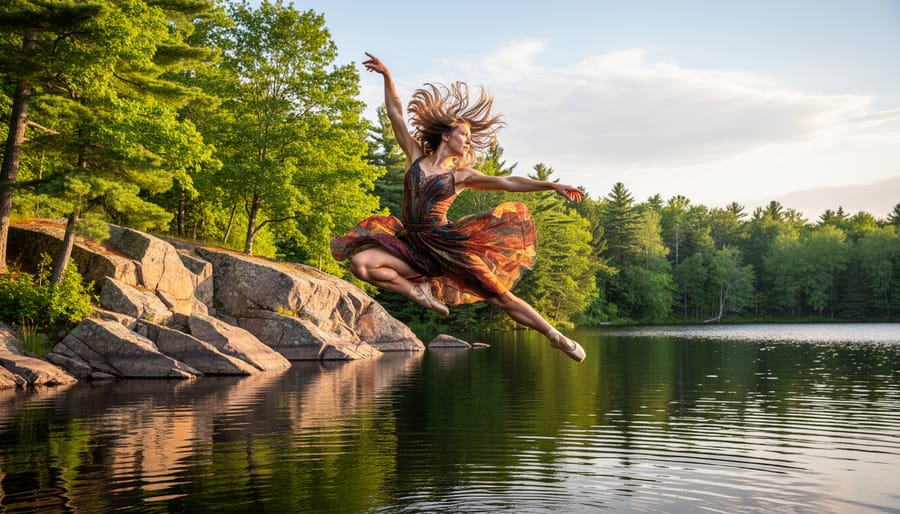 Ballet dancer leaping in flowing white dress against colorful autumn forest backdrop
