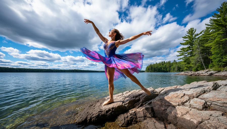 Dancer performing on rocky Lake Ontario shoreline at golden hour with dramatic sky