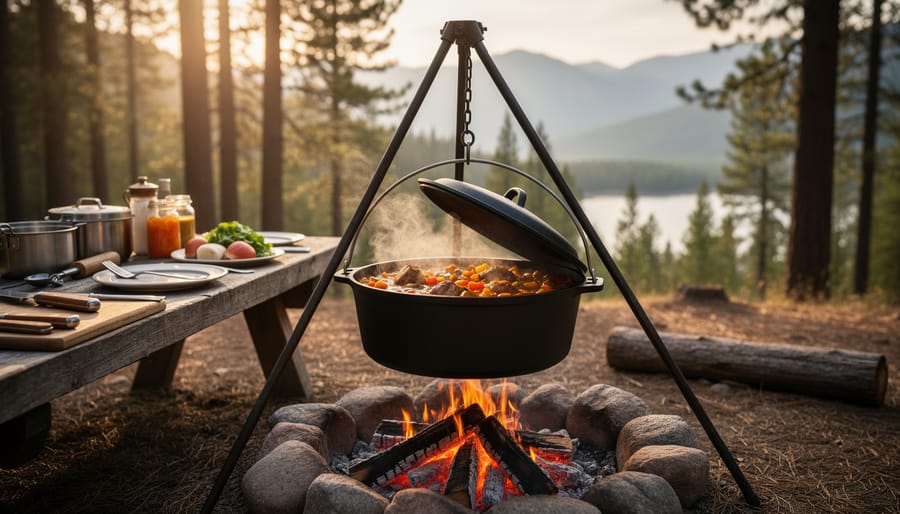 Cast iron Dutch oven cooking over campfire coals with steam rising from gourmet camp meal