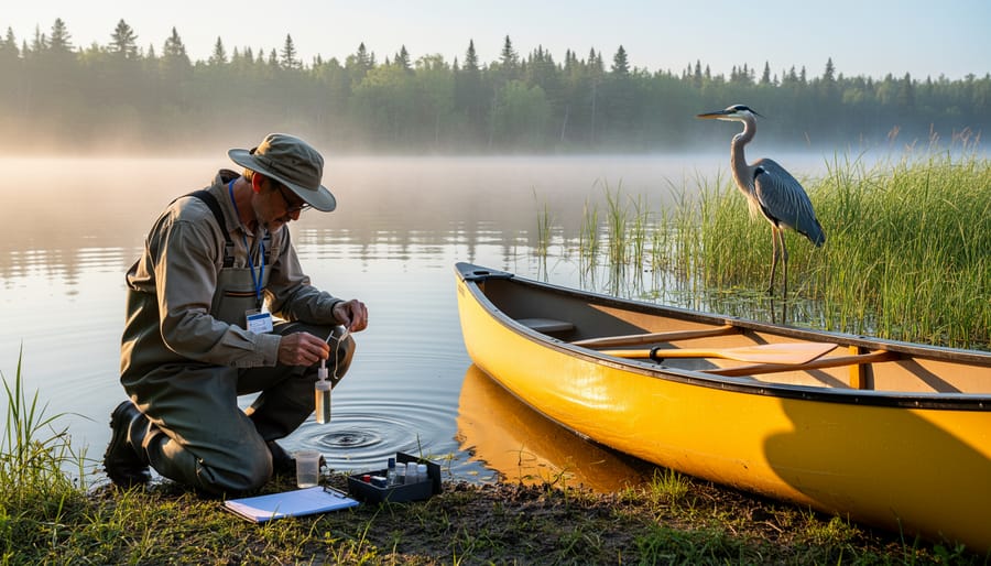Environmental scientist in chest waders kneeling by an Ontario wetland at sunrise, collecting a water sample beside a yellow canoe, with a great blue heron in the reeds and a forested shoreline in the background.