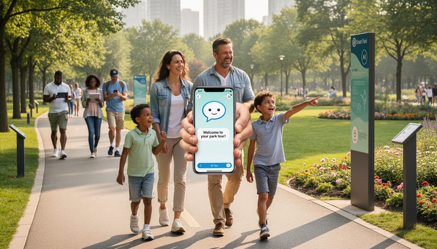 Family with children using smartphone AI guide together on scenic park trail