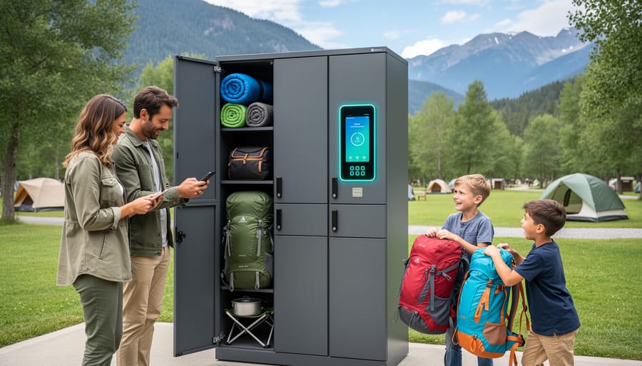 Family at campsite with rented camping equipment from smart locker system
