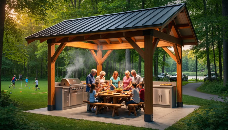 Covered outdoor cooking pavilion with stainless steel grills emitting smoke, extended family at picnic tables, children playing on nearby grass, surrounded by tall trees at golden hour in an Ontario park.