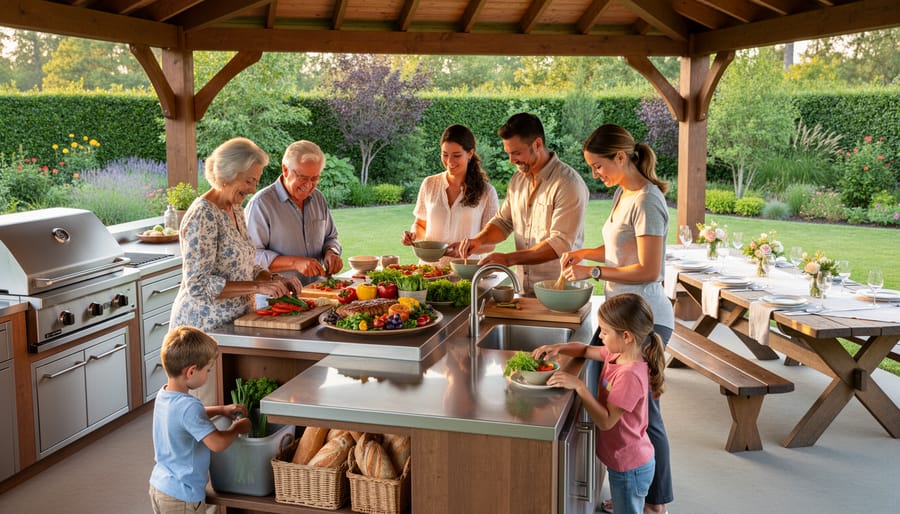 Multi-generational family cooking together at outdoor pavilion barbecue grill