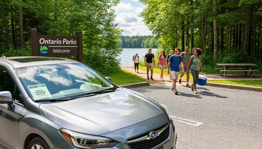 Family preparing for park visit at trailhead parking area