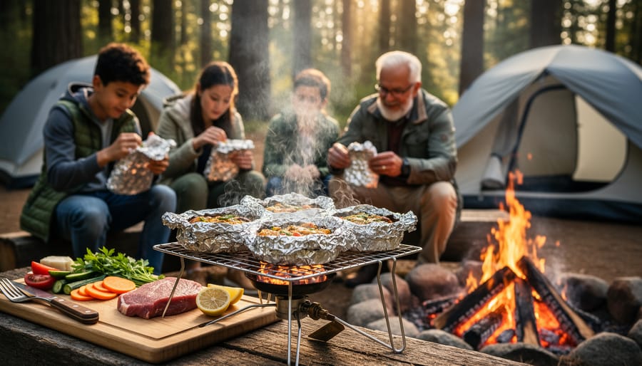 Camper's hands preparing foil packet meal with fresh salmon and vegetables at campsite