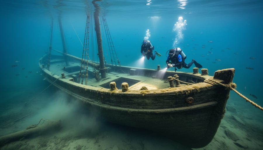 Scuba diver exploring a well-preserved wooden shipwreck in clear freshwater
