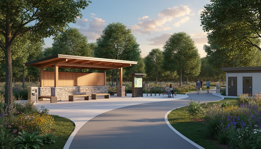 Eco-friendly comfort station building with solar panels in forested park setting