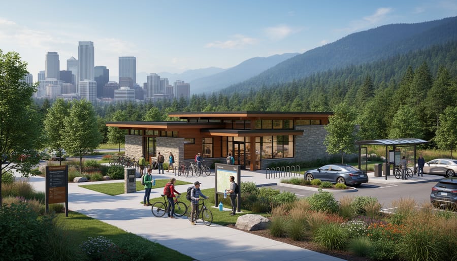 Provincial park entrance with visitor center and facilities surrounded by forest