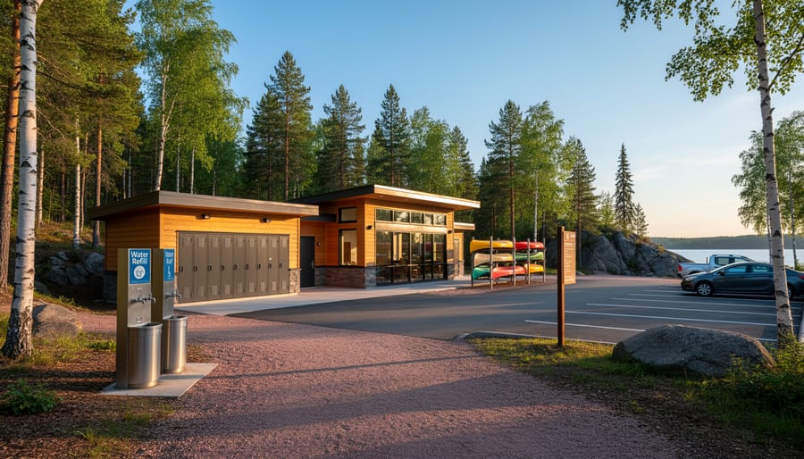 Eye-level view of a gateway regional park staging area with a modern visitor center, shower/locker building, potable water station, canoe racks, and long-term parking, bordered by pine and birch forest with a distant lake visible at golden hour.