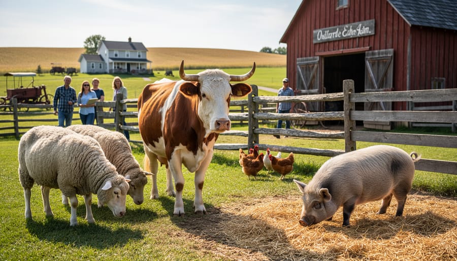 Heritage breed chickens and sheep grazing in front of historic red barn at working farm
