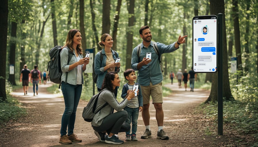 Hiker using smartphone AI guide while walking on forest trail in Ontario park