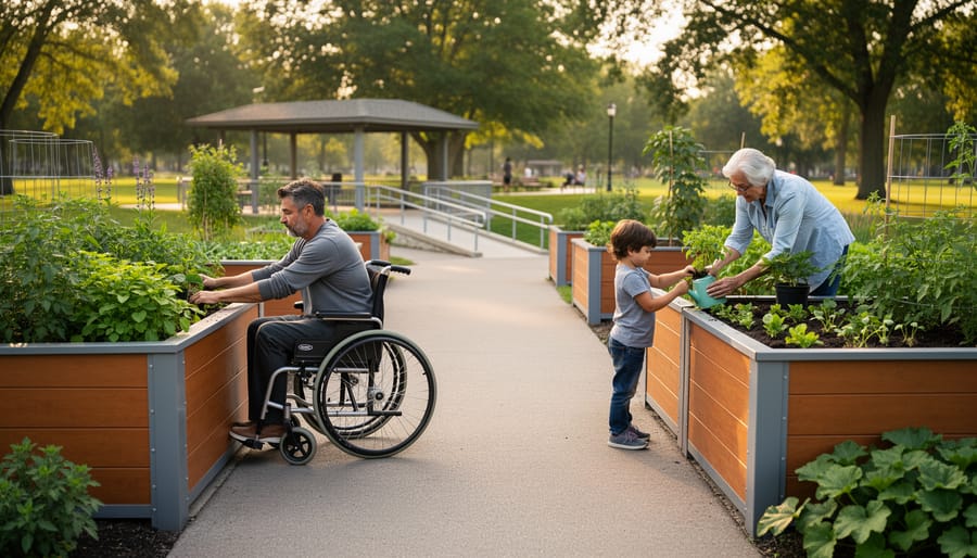 Wheelchair user, older adult, and child tending shoulder-height raised garden beds beside a smooth, wide path in an Ontario park at golden hour, with additional accessible beds, gentle ramps, and trees softly visible in the background.