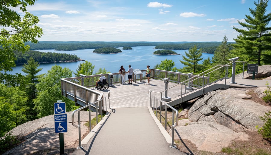 Diverse group of visitors at accessible scenic overlook in Ontario park