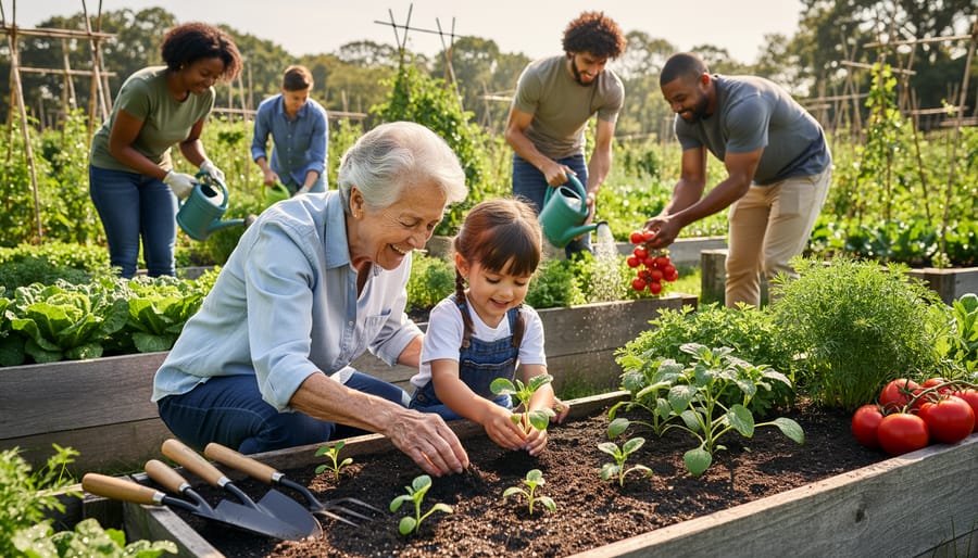 Senior and child holding freshly harvested carrots together in community garden