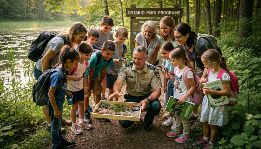 Park naturalist leading educational biodiversity program with diverse group of visitors