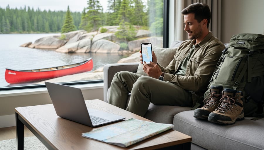 Person on a couch planning a trip on a smartphone, with a laptop, folded map, backpack, and hiking boots on a coffee table, and a red canoe on a pine-lined lake visible through the window.