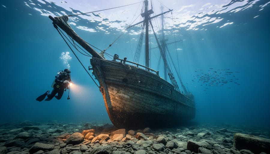 Wide-angle underwater photo of a scuba diver lighting the bow of an intact wooden shipwreck in clear blue Ontario freshwater, with sunbeams filtering down and fish schooling above a rocky lakebed.