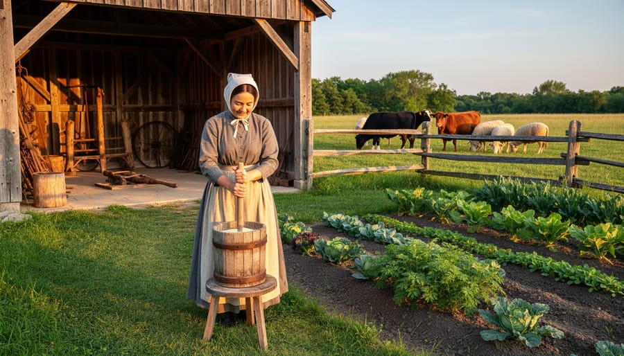 Costumed interpreter churning butter beside an open timber-frame barn, with heritage cattle and sheep behind a split-rail fence and heirloom garden rows in warm golden-hour light on an Ontario heritage farm.