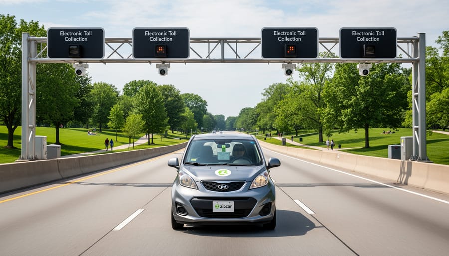 Highway toll collection gantry with electronic transponder sensors on Ontario highway