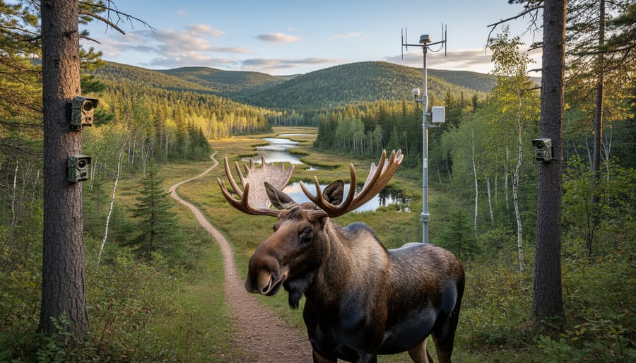 Moose walking through pristine forest stream in natural Ontario wilderness habitat