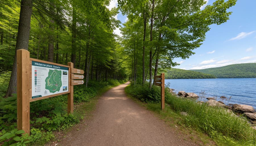 Scenic autumn forest trail in Ontario park with colorful fall foliage