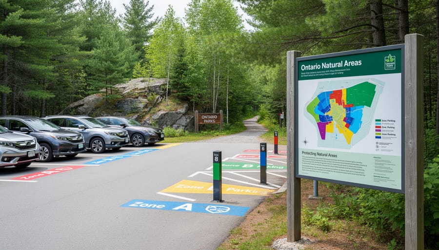 Well-organized parking area at Ontario park surrounded by forest
