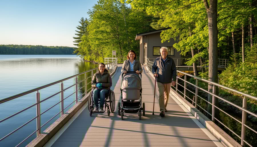 Diverse visitors, including a wheelchair user, a parent with a stroller, and an older adult with a cane, travel along a wide paved lakeside boardwalk with railings and gentle slope in an Ontario park at golden hour, with forest and an accessible cabin in the background.