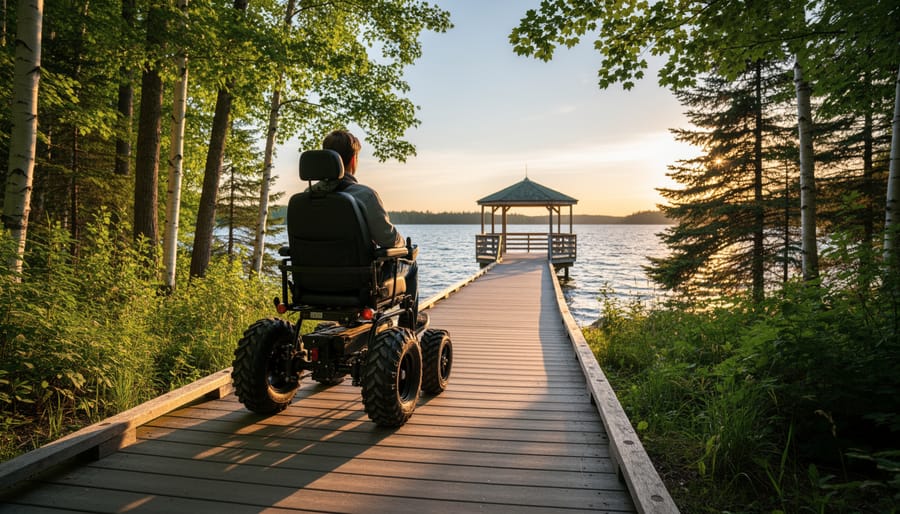 Person using an all-terrain wheelchair on a wide accessible boardwalk through green forest toward a lakeside viewing platform at golden hour in an Ontario provincial park.