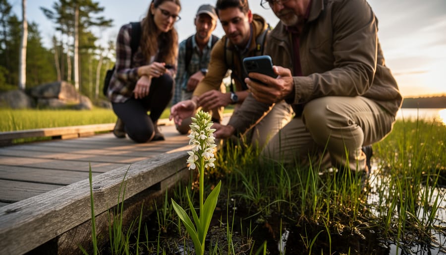 Diverse visitors and a park naturalist kneel on a wetland boardwalk in an Ontario provincial park, closely observing a native orchid at golden hour, with white pines, granite outcrops, and a shimmering lake softly blurred in the background.