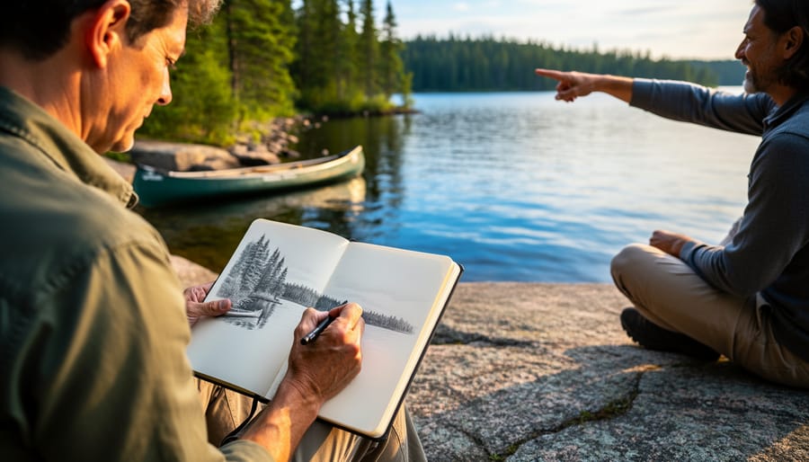 Two adults seated on sun-warmed rock at an Ontario lakeshore during a creative workshop; one sketches the pine-lined shoreline in a sketchbook while an instructor gestures toward the view in warm golden-hour light, with a softly blurred canoe and evergreens in the background.