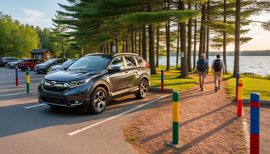 Unbranded SUV parked in a color-coded zone at an Ontario lakeside park while two hikers with daypacks walk toward a pine forest trail; other cars, a kiosk, and the shimmering lake in warm golden-hour light, with no readable text.