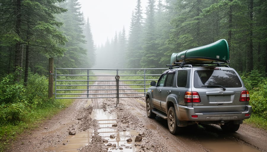 Closed metal gate across a muddy gravel access road in a coniferous Ontario forest, with an SUV carrying a canoe on the roof stopped in front; puddles, ruts, and misty pines under soft overcast daylight.
