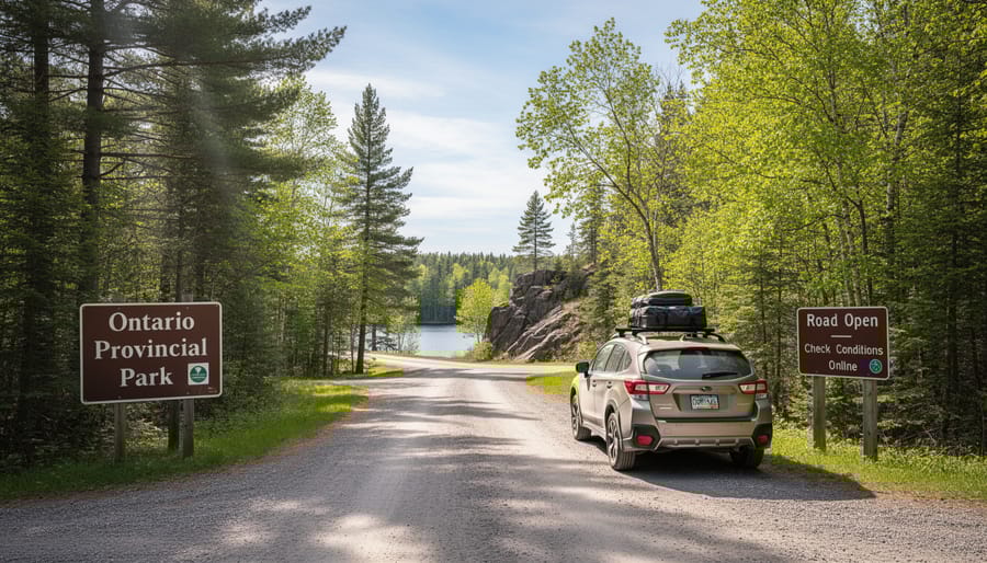 Open gravel access road winding through green forest in Ontario provincial park