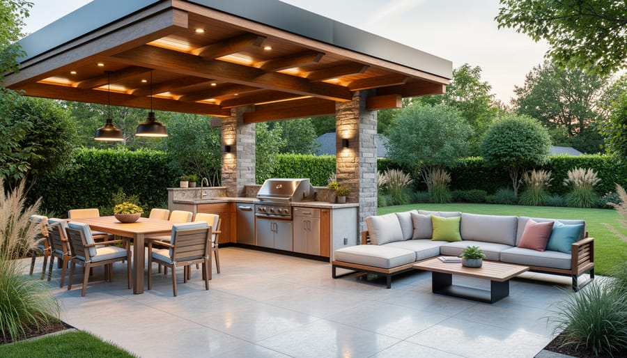 Covered outdoor cooking pavilion with built-in grills and picnic tables surrounded by forest