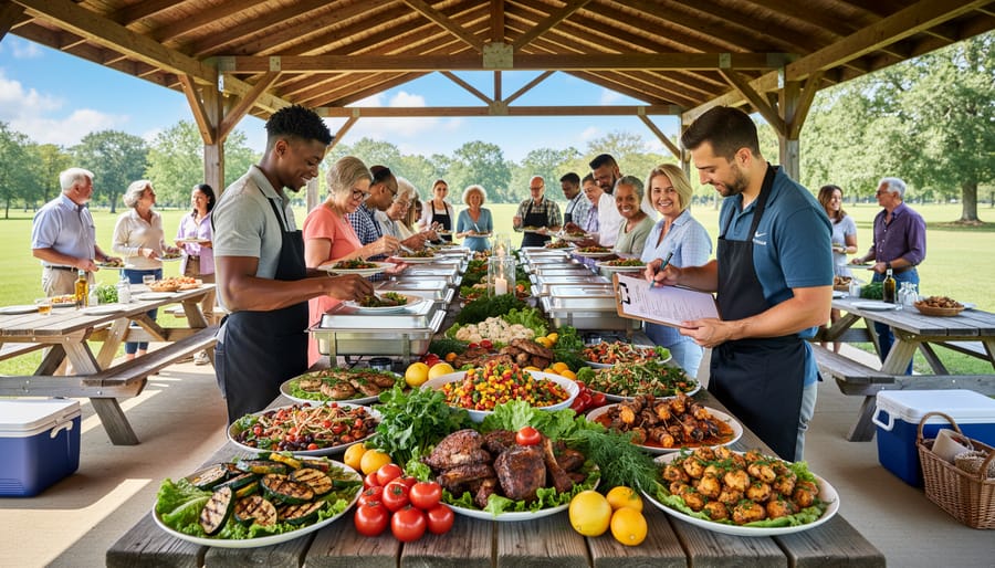 Overhead view of hands arranging colorful prepared foods on outdoor pavilion table
