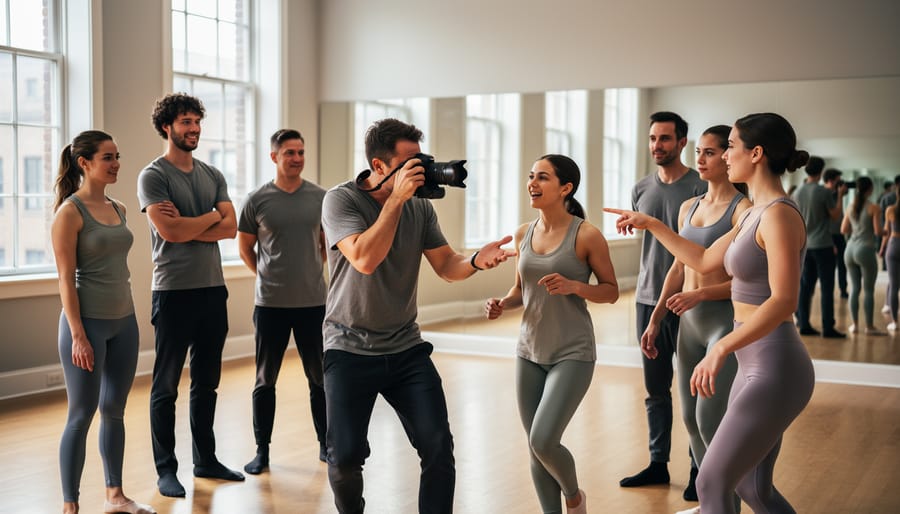Photographer and dancer collaborating together reviewing images during outdoor workshop