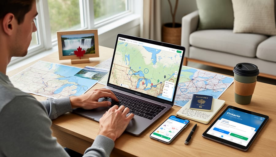 Person planning travel on smartphone and tablet while sitting on couch at home