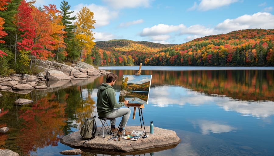 Woman painting on easel beside lake in Ontario provincial park during golden hour