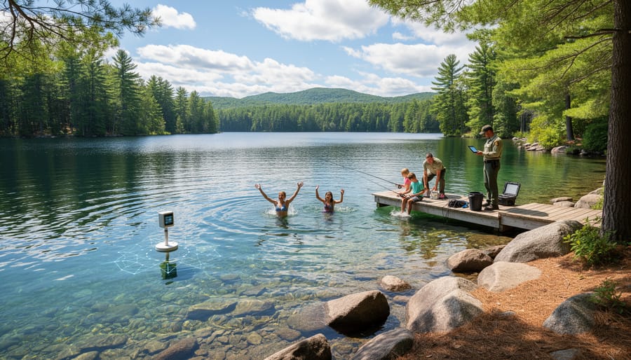 Crystal clear lake water with wooden dock in Ontario park showing pristine water quality